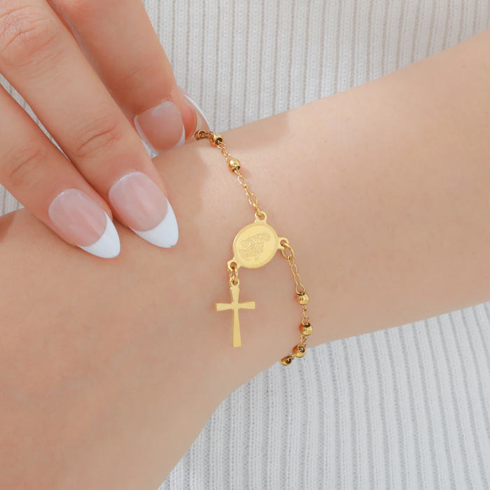 Wholesale Stainless Steel Beaded Link Bracelet with Crucifix Cross