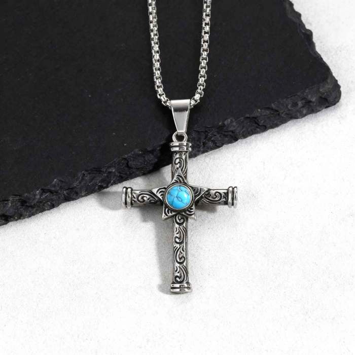 Wholesale Stainless Steel Pentagram Turquoise Cross