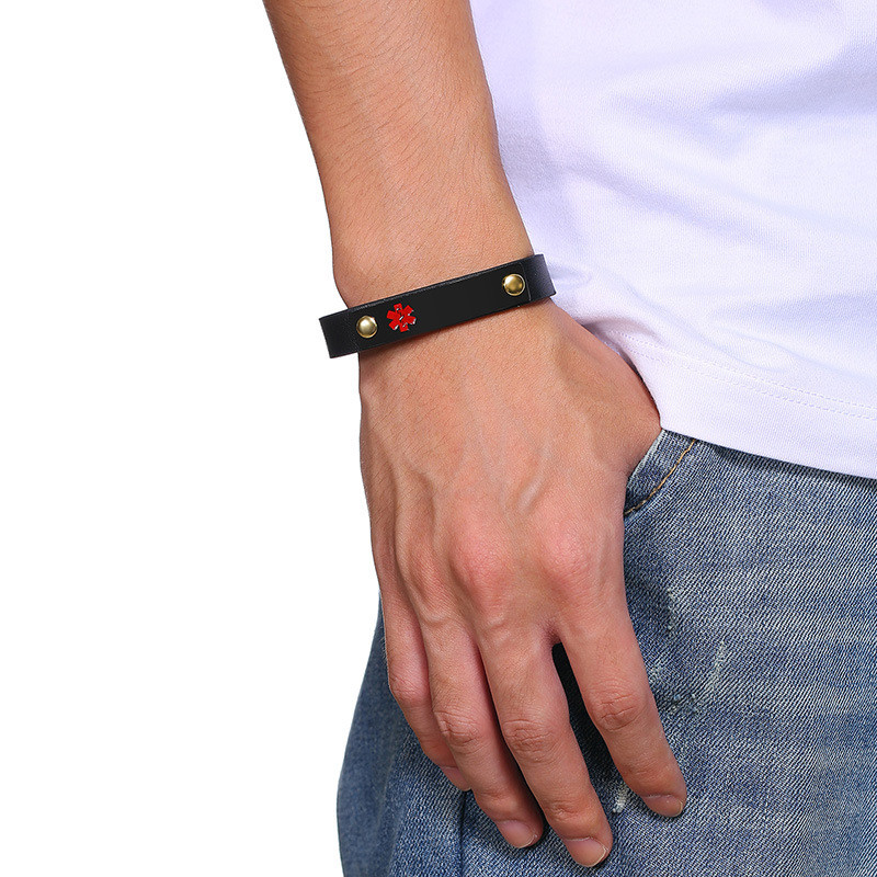 Wholesale Stainless Steel Leather Medical Alert ID Bracelet
