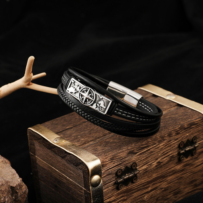 Wholesale Stainless Steel Hip-Hop Retro Compass Leather Bracelet