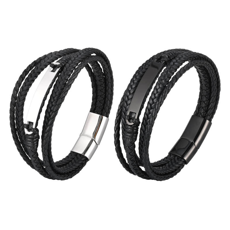 Wholesale Stainless Steel Engraved Leather Bracelet