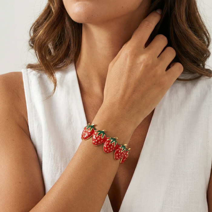 Wholesale 18K Gold Plated Enamel Strawberry Open Bangle