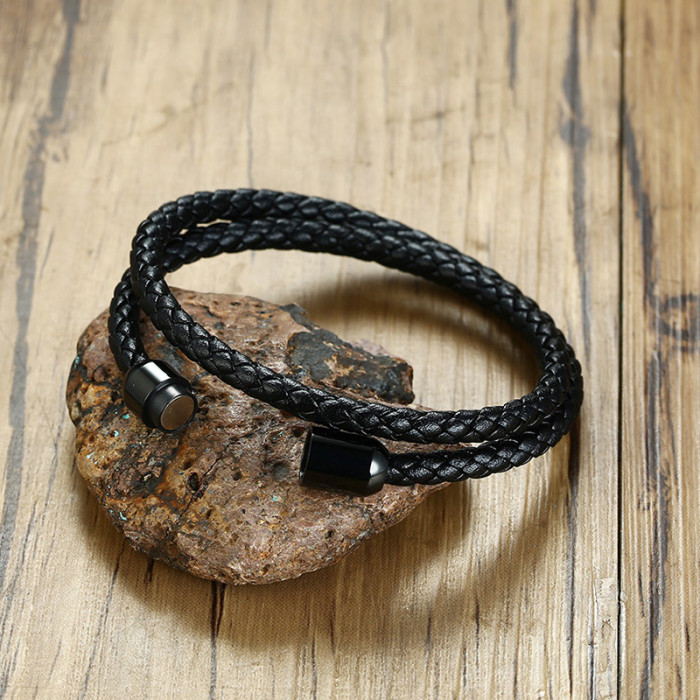 Wholesale Stainless Steel Magnetic Buckle Handmade Braided Black Leather Bracelet