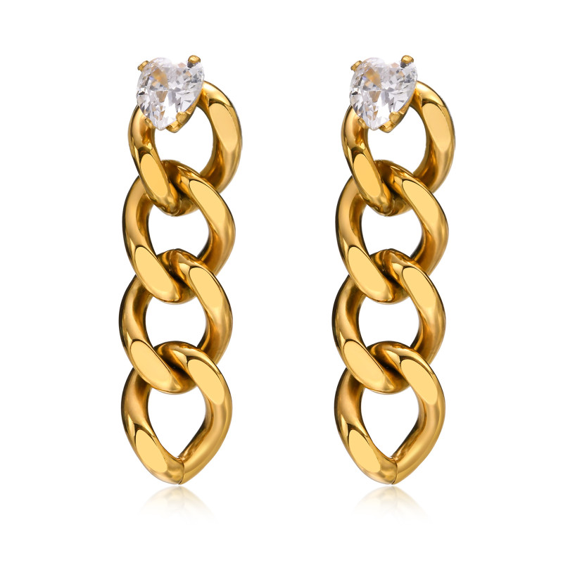 Wholesale Stainless Steel Curb Chain Earrings with Heart CZ