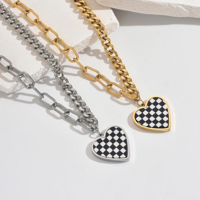 Wholesale Stainless Steel Checkerboard Heart Necklace