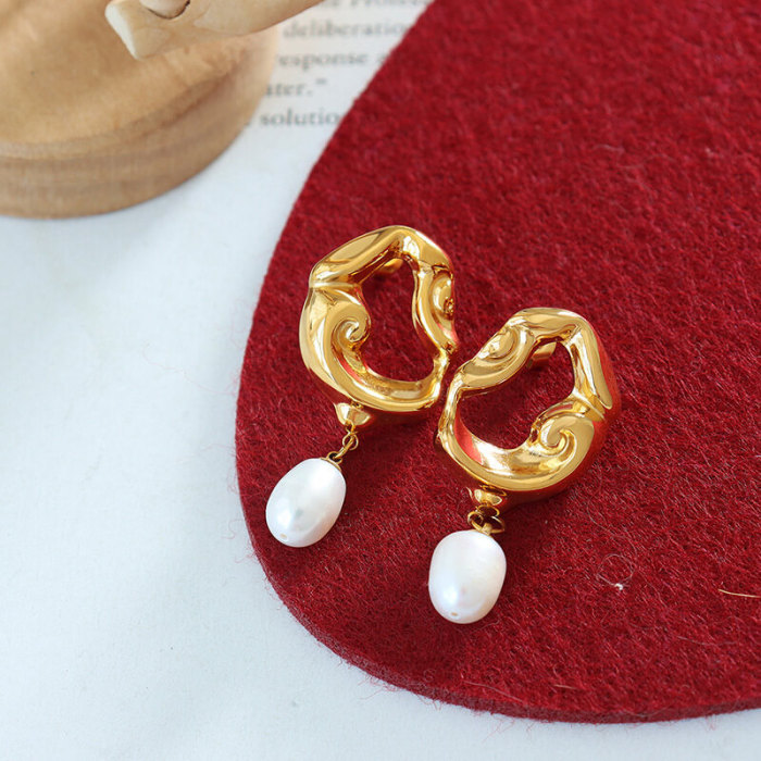 Wholesale Stainless Steel Irregular Hollow Geometric Pearl Drop Earrings