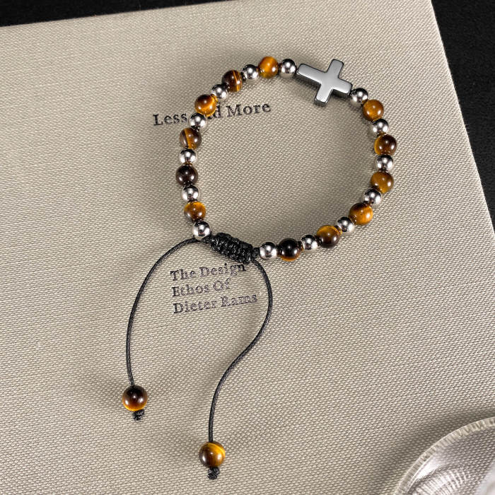 Wholesale Stainless Steel Tiger Eye Cross Bead Bracelet