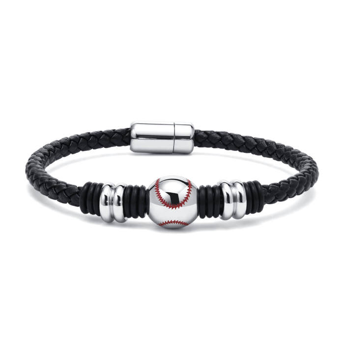 Wholesale Stainless Steel Baseball Patterned Leather Bracelet