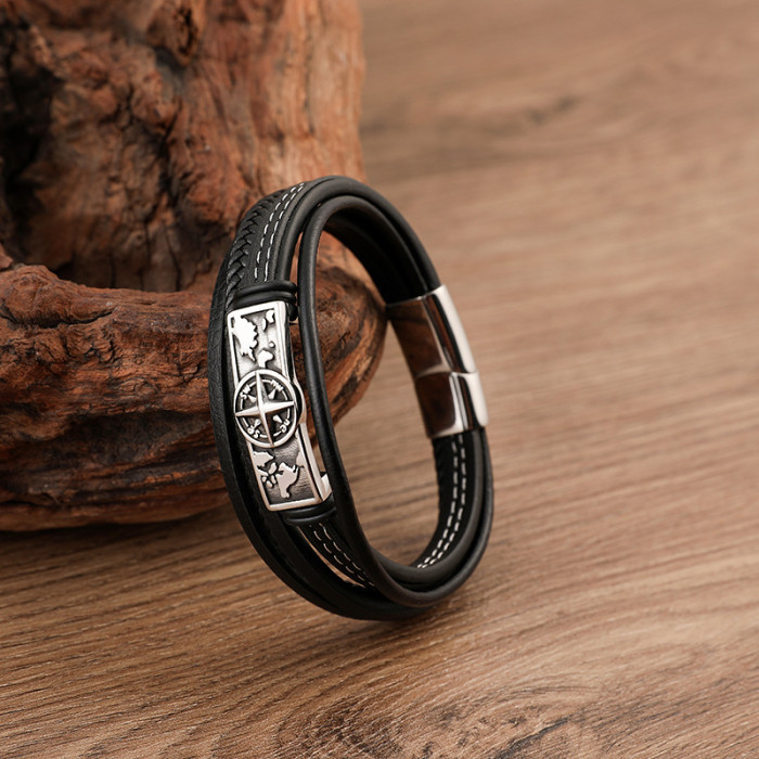Wholesale Stainless Steel Hip-Hop Retro Compass Leather Bracelet