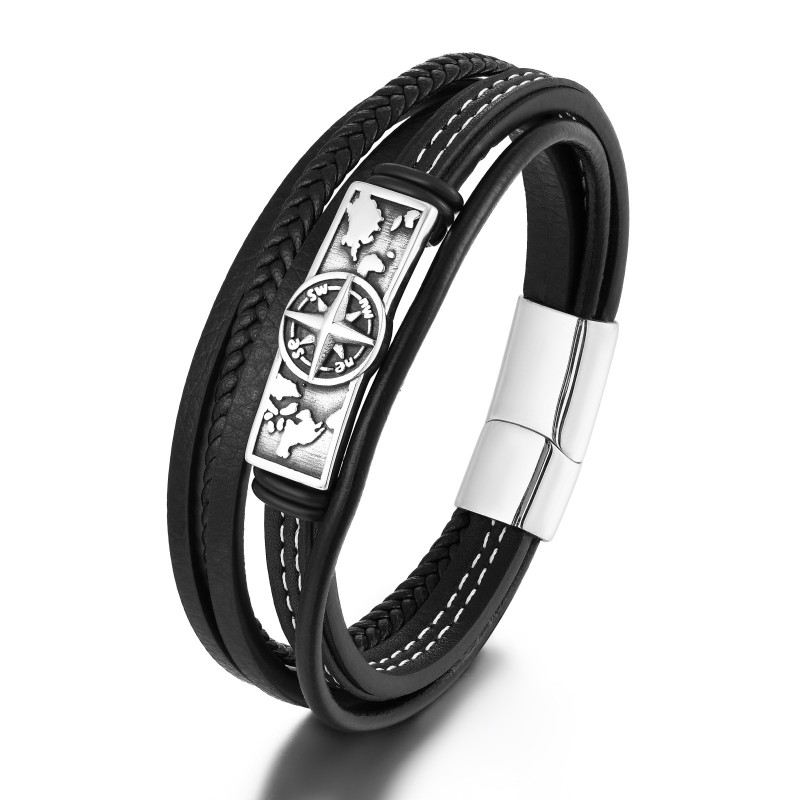 Wholesale Stainless Steel Hip-Hop Retro Compass Leather Bracelet