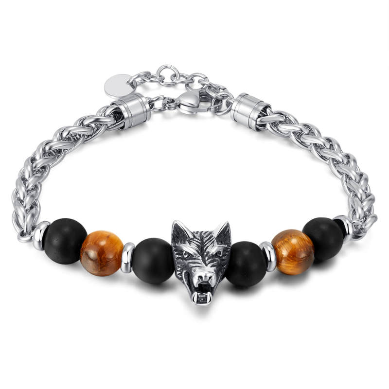 Wholesale Stainless Steel Wolf's Head Tiger's Eye Bracelet