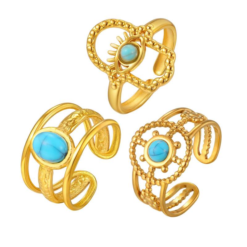 Wholesale Bohemian Gold Stainless Steel Turquoise Ring Set