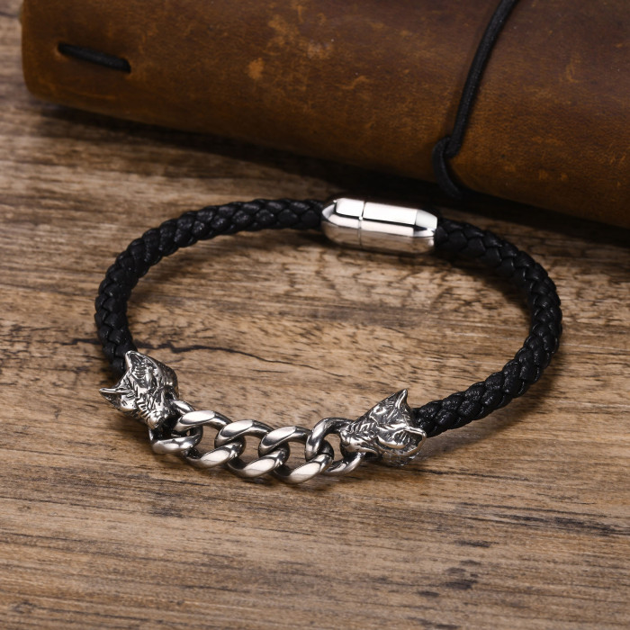 Wholesale Stainless Steel Chain and Leather Bracelet