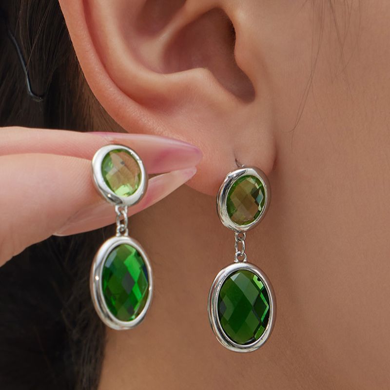 Wholesale Stainless Steel Oval Double Drop Gemstone Earrings