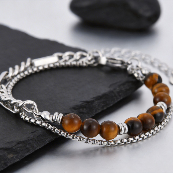 Wholesale Stainless Steel Tiger's Eye Layer Chain Bracelet
