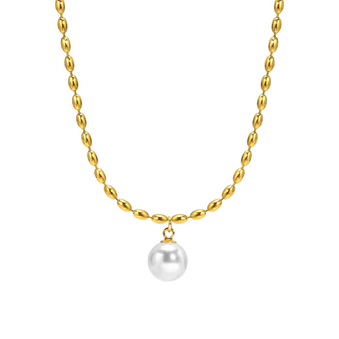 Wholesale Stainless Steel Oval Bead Chain Necklace with Pearl