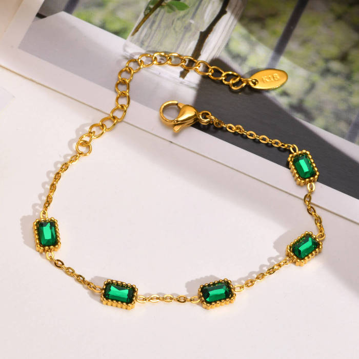 Wholesale Stainless Steel Vintage Emerald CZ Necklace and Bracelet Set