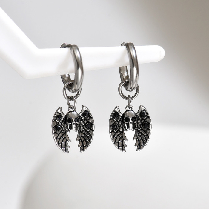 Wholesale Retro Stainless Steel Skull Wing Earrings