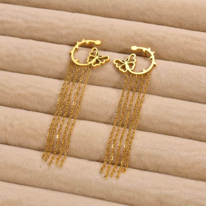 Wholesale Stainless Steel Fashion Butterfly Tassel Earrings