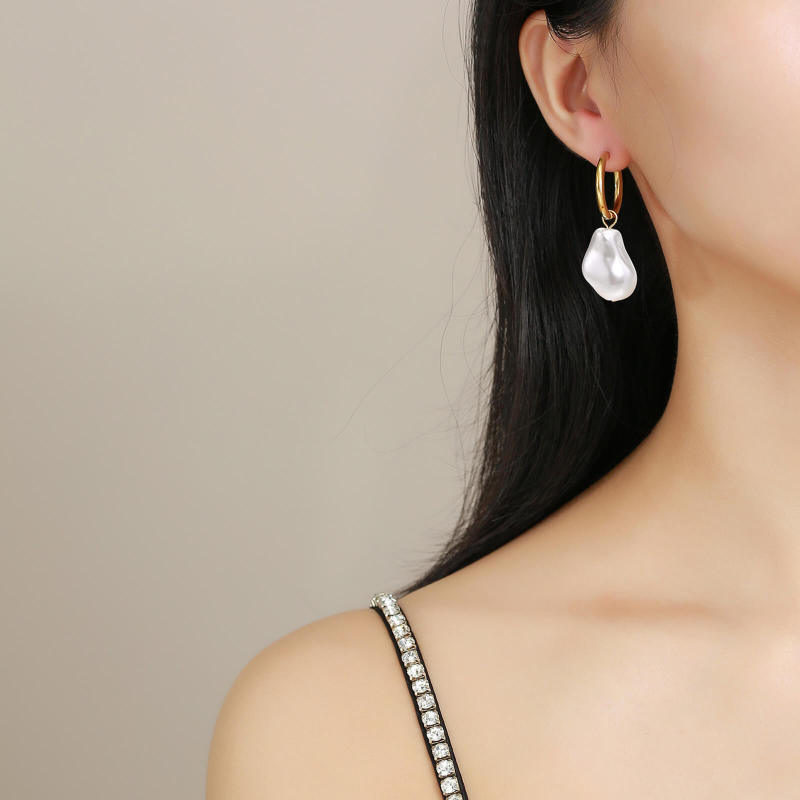 Wholesale Stainless Steel Baroque Pearl Hoop Earrings
