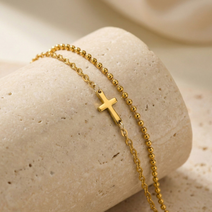 Wholesale Stainless Steel Double Layer Cross & Bead Bracelet