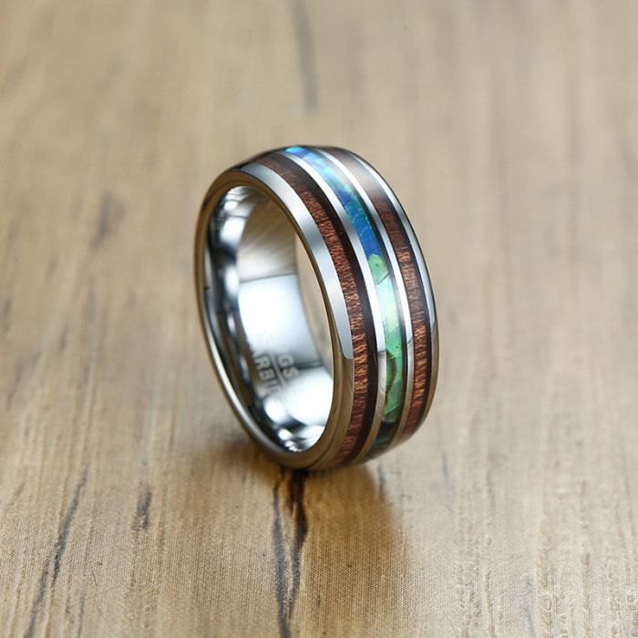 Wholesale Tungsten Carbide Hawaiian Koa Wood and Abalone Shell Ring 8mm