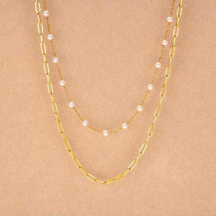 Wholesale Stainless Steel Layered Pearl Papaerclip Necklace