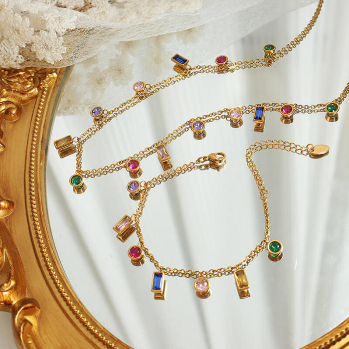 Wholesale Stainless Steel Multi-color Zircon Combo Bracelet & Necklace