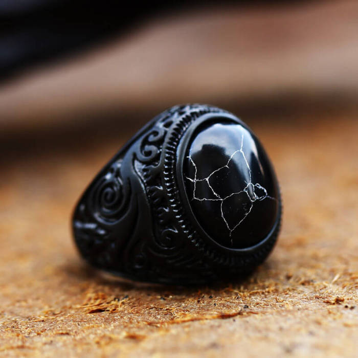 Wholesale Stainless Steel Vintage Black Stone Punk Ring