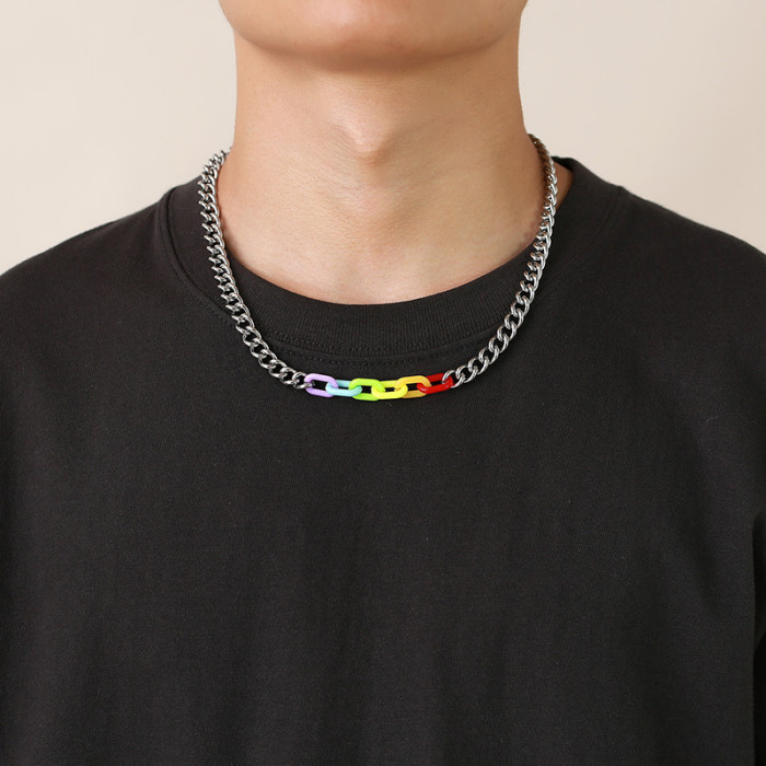 Wholesale Rainbow Link Bracelet Stainless Steel Cuban Curb Chain Bracelet