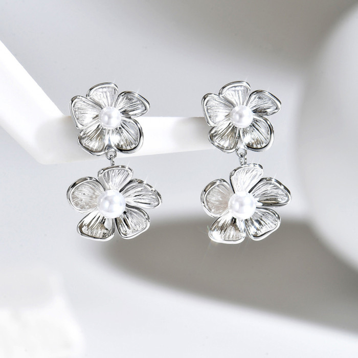 Wholesale Stainless Steel Double Flower Stud Earrings