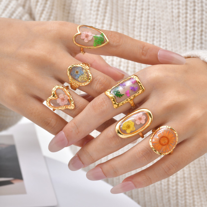 Wholesale Stainless Steel Real Dried Flower Resin Rings
