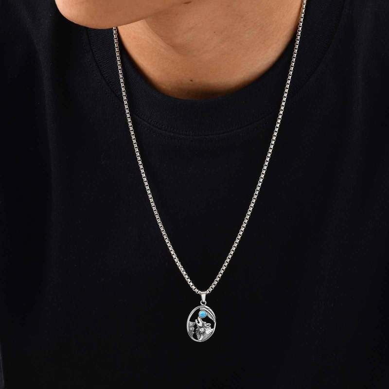 Wholesale Stainless Steel Wolf Head Turquoise Pendant