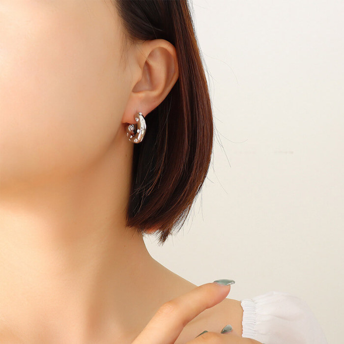 Wholesale Stainless Steel C-shaped Inlay CZ Imitation Pearl Earrings