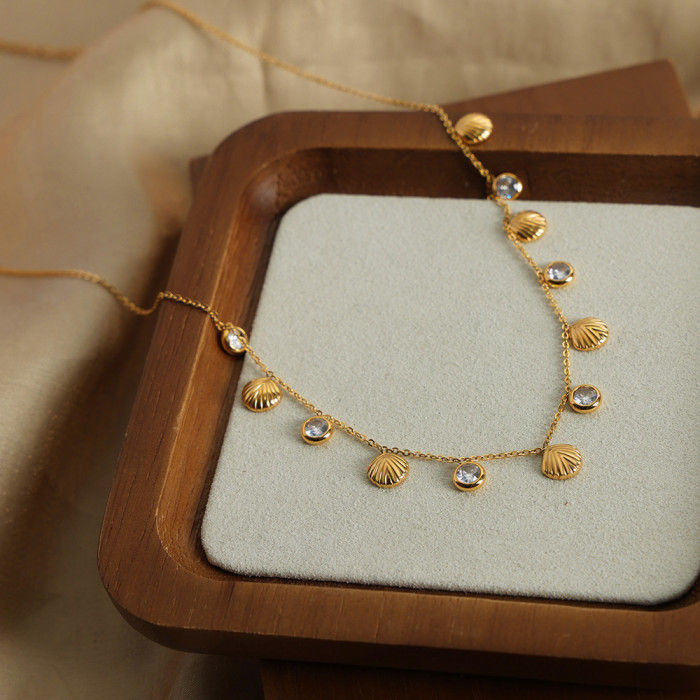 Wholesale Stainless Steel Shell and CZ Station Necklace