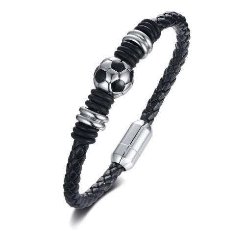 Wholesale Stainless Steel Football Magnetic Buckle Weaving Leather Bracelet