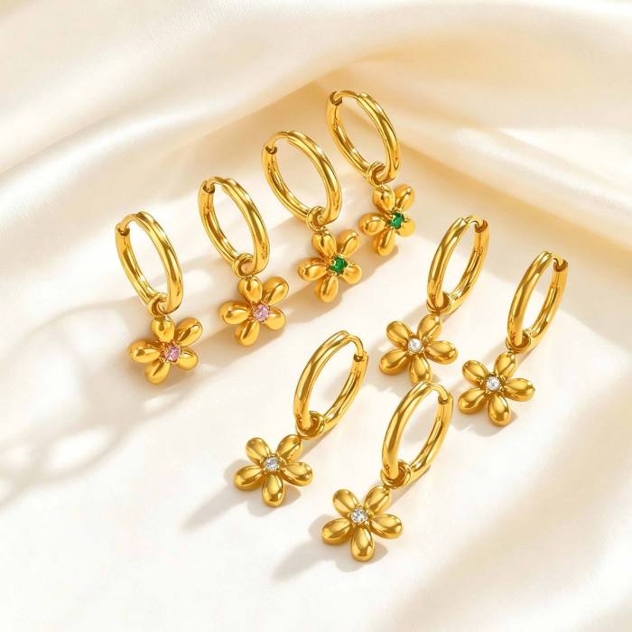 Wholesale Stainless Steel Minimal Gold Flower Charm Hoop Earrings