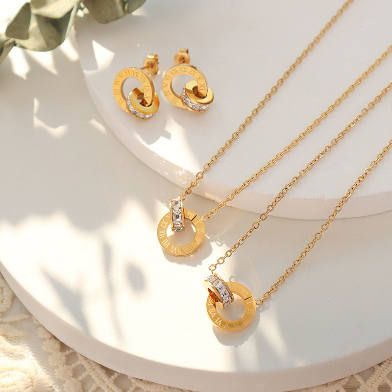 Wholesale Stainless Steel Roman Numeral Necklace Earrings Set