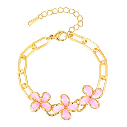 Wholesale Stainless Steel Pink Enamel Flowers Bracelet