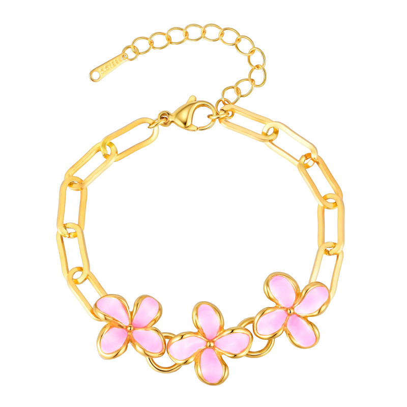 Wholesale Stainless Steel Pink Enamel Flowers Bracelet