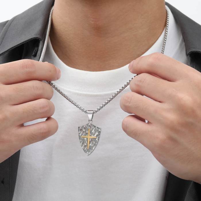 Wholesale Stainless Steel Two-tone Cross Shield Pendant