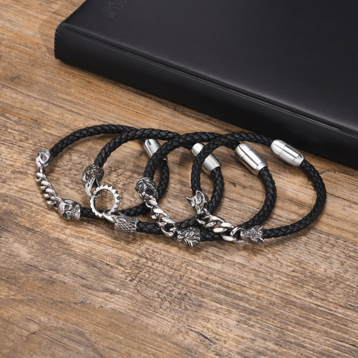 Wholesale Stainless Steel Chain and Leather Bracelet