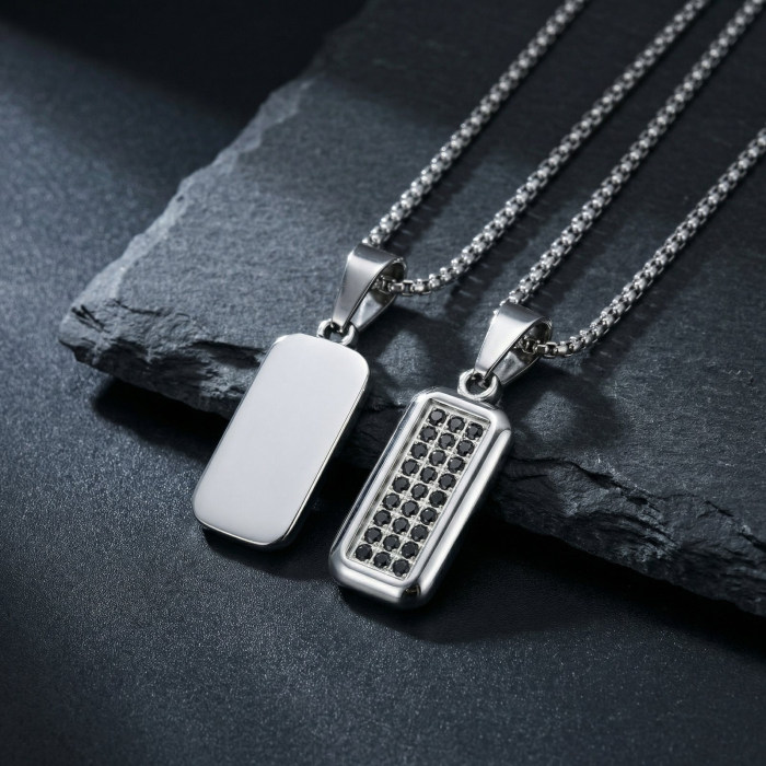 Wholesale Stainless Steel Black Zircon Rectangular Necklace
