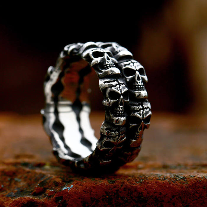 Wholesale Stainless Steel Vintage Double Row Skull Ring
