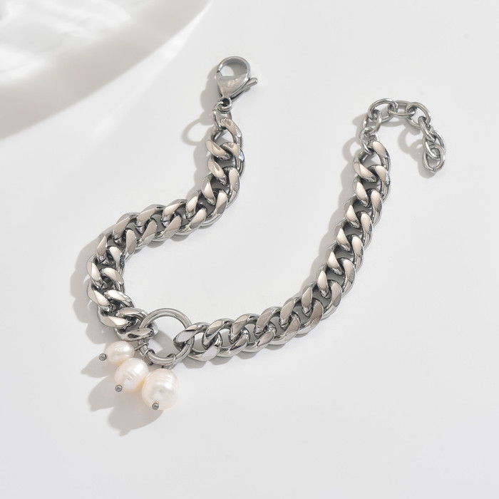 Wholesale Stainless Steel Cuban Link Pearl Bracelet