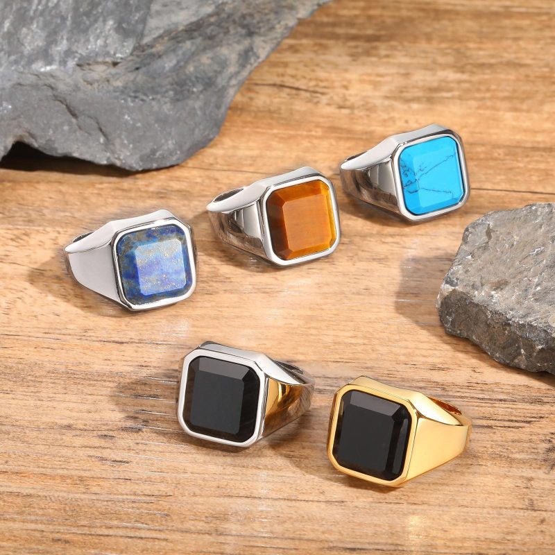 Wholesale Stainless Steel Mens Black Agate Ring