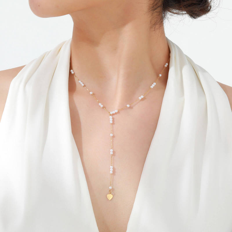 Wholesale Stainless Steel Y style Pearl Necklace with Heart Drop
