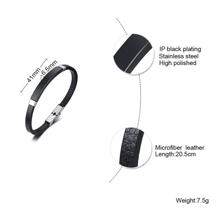 Wholesale Stainless Steel Women Engravable Black Leather ID Bracelet