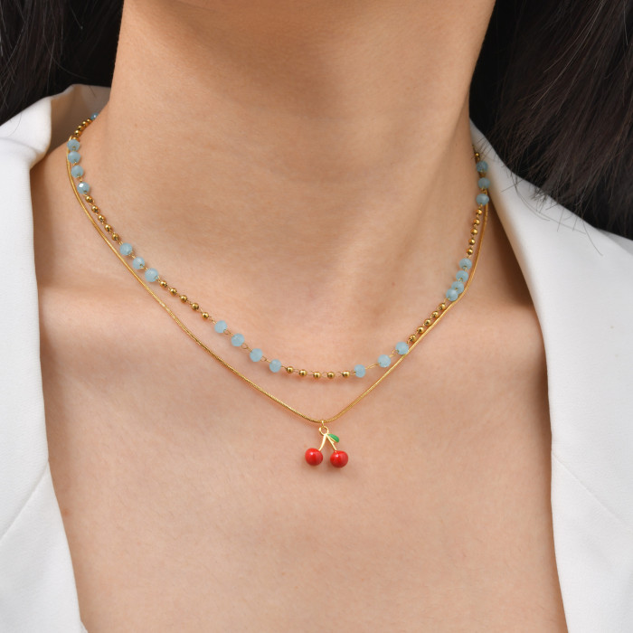 Wholesale 18K Gold Plated Red Cherry Pendant Necklace Set