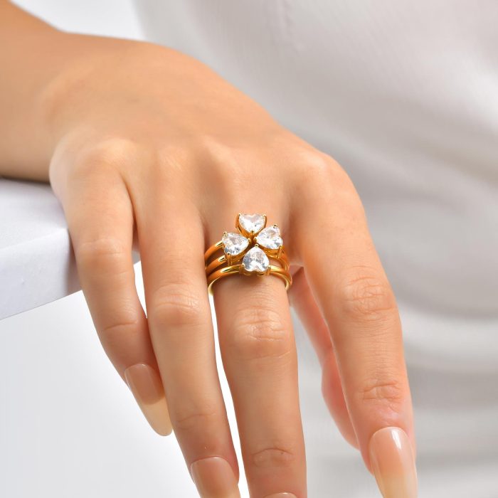 Gold Plated Heart CZ Clover Ring Wholesale